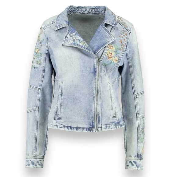 Cream Jackets & Blazers - Floral Embroidered Light Blue Jean Jacket